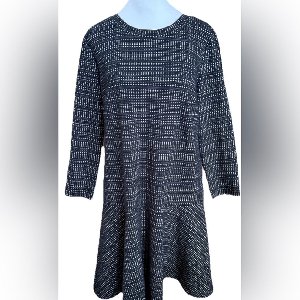 LOFT Black & Gray Striped Geometric Drop Waist Knee Length Knit Dress Medium